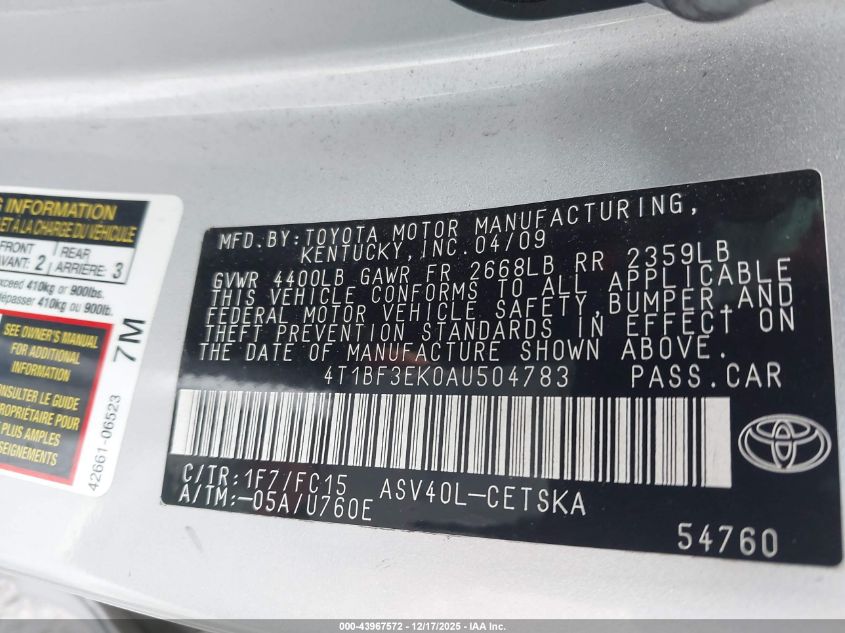 2010 Toyota Camry Se VIN: 4T1BF3EK0AU504783 Lot: 43967572