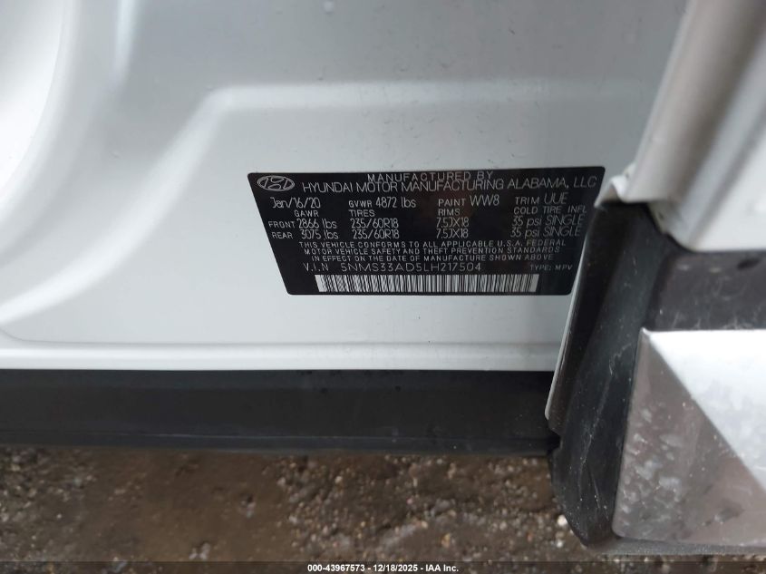 2020 Hyundai Santa Fe Sel VIN: 5NMS33AD5LH217504 Lot: 43967573