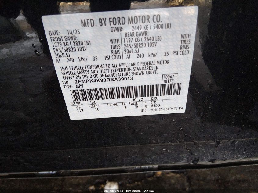 2024 Ford Edge Titanium VIN: 2FMPK4K90RBA39013 Lot: 43967574