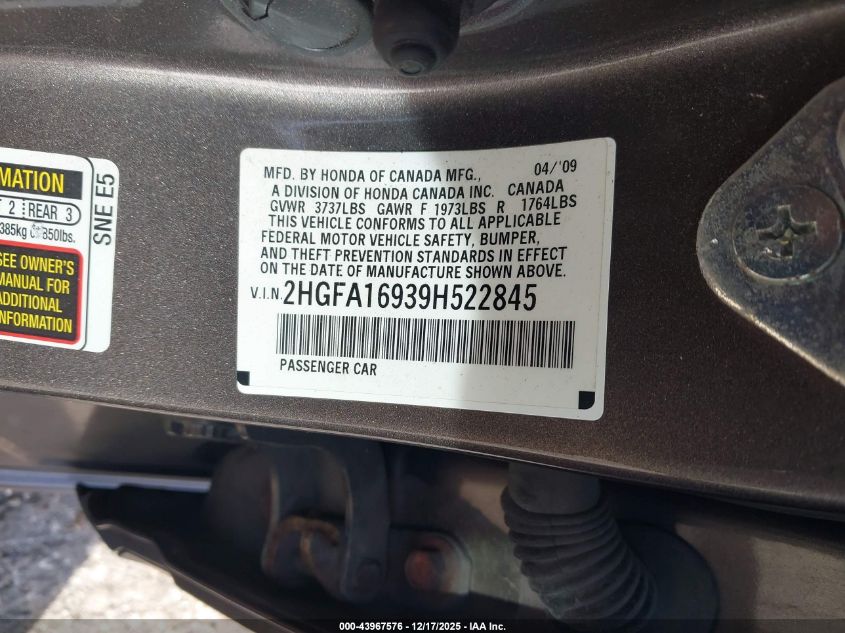 2009 Honda Civic Ex-L VIN: 2HGFA16939H522845 Lot: 43967576