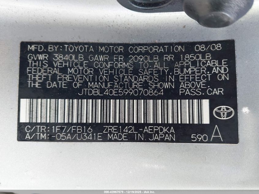 2009 Toyota Corolla Le VIN: JTDBL40E599070864 Lot: 43967579