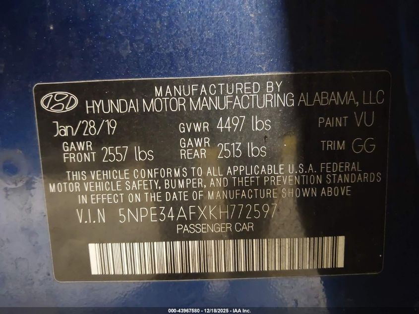 2019 Hyundai Sonata Sel VIN: 5NPE34AFXKH772597 Lot: 43967580