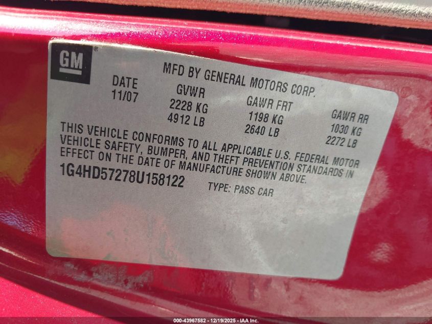 2008 Buick Lucerne Cxl VIN: 1G4HD57278U158122 Lot: 43967582