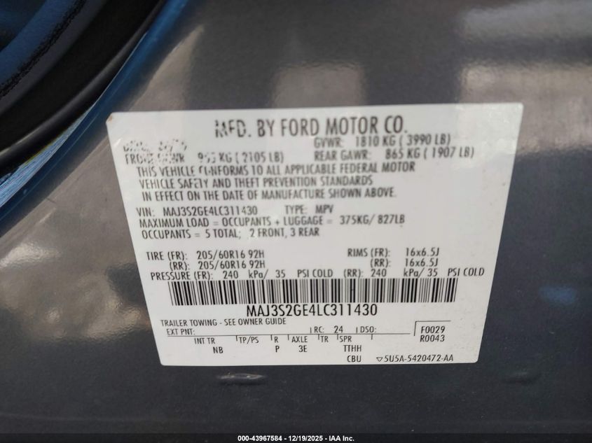 2020 Ford Ecosport Se VIN: MAJ3S2GE4LC311430 Lot: 43967584