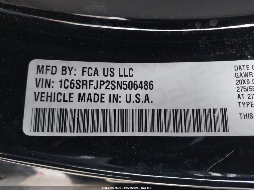 2025 Ram 1500 Laramie 4X4 5'7 Box VIN: 1C6SRFJP2SN506486 Lot: 43967586