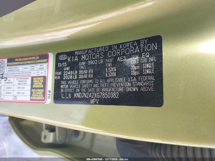 2016 Kia Soul VIN: KNDJN2A2XG7850382 Lot: 43967588