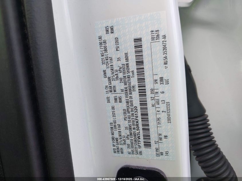 2024 Ford F-150 Xlt VIN: 1FTFW3L50RKF61320 Lot: 43967589