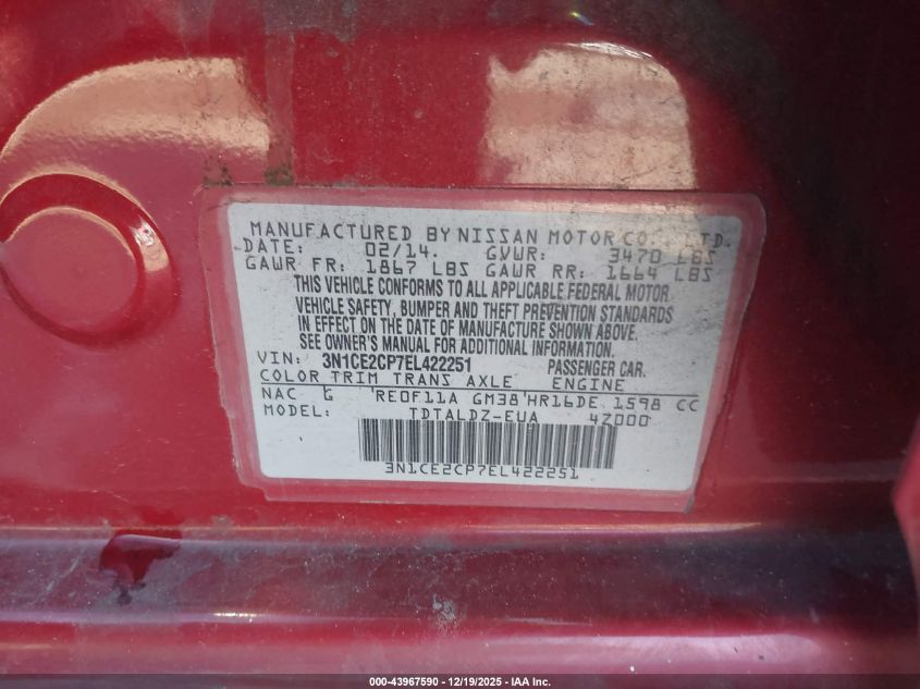 2014 Nissan Versa Note Sv VIN: 3N1CE2CP7EL422251 Lot: 43967590