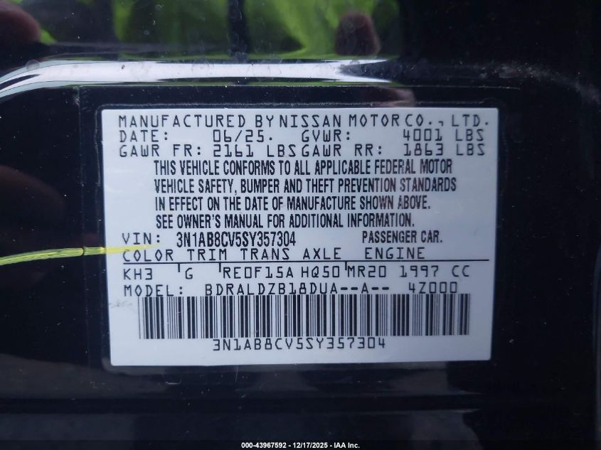 2025 Nissan Sentra Sv VIN: 3N1AB8CV5SY357304 Lot: 43967592