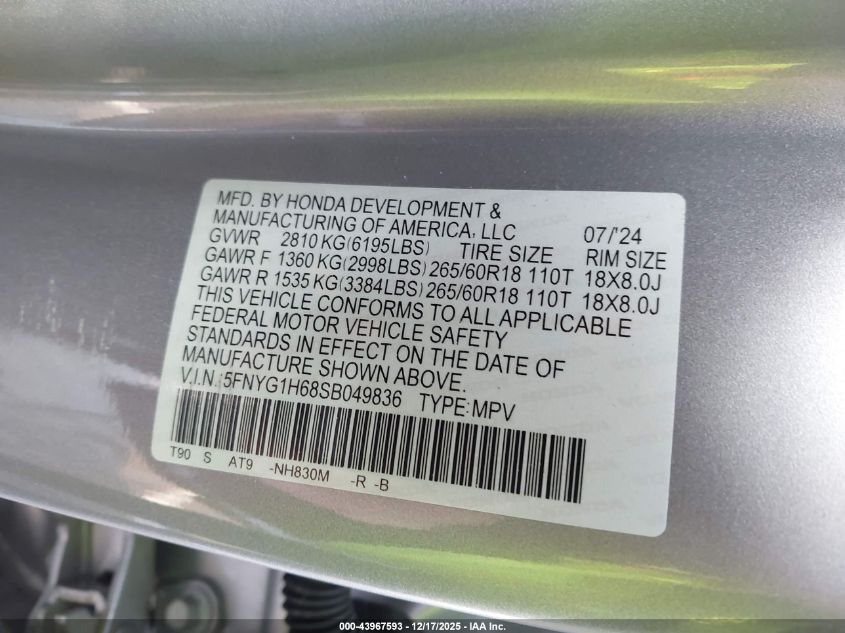 2025 Honda Pilot Trailsport VIN: 5FNYG1H68SB049836 Lot: 43967593