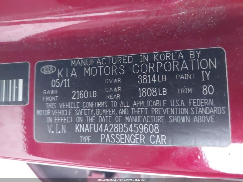 2011 Kia Forte Ex VIN: KNAFU4A28B5459608 Lot: 43967594