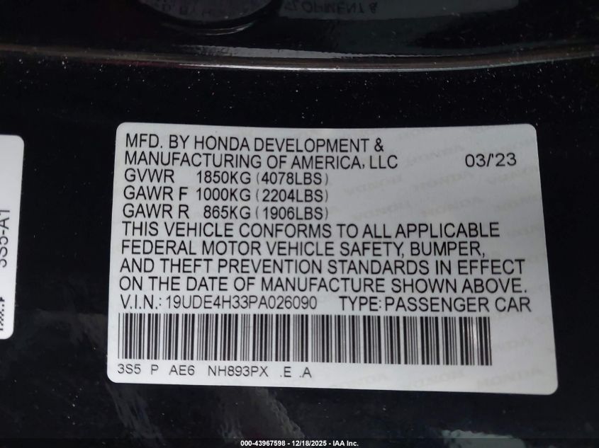 2023 Acura Integra A-Spec VIN: 19UDE4H33PA026090 Lot: 43967598