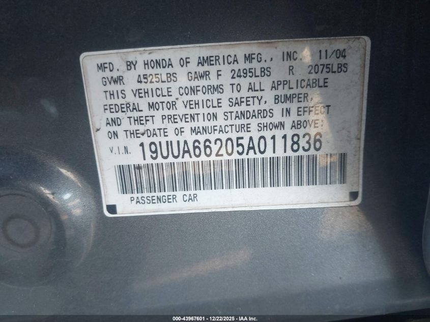 2005 Acura Tl VIN: 19UUA66205A011836 Lot: 43967601