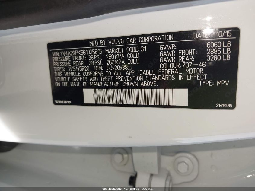 2016 Volvo Xc90 T6 Momentum VIN: YV4A22PK5G1035815 Lot: 43967602