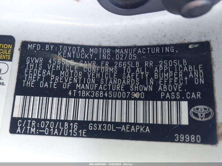 2005 Toyota Avalon Limited VIN: 4T1BK36B45U007980 Lot: 43967605