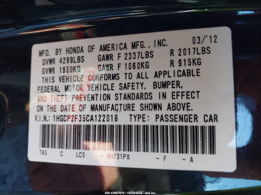2012 Honda Accord 2.4 Lx VIN: 1HGCP2F35CA122018 Lot: 43967610