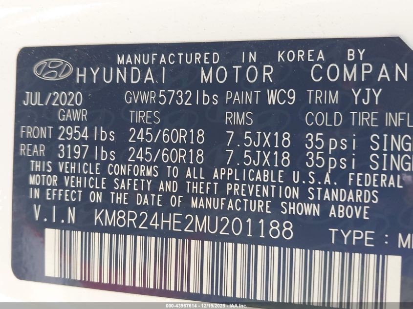 2021 Hyundai Palisade Sel VIN: KM8R24HE2MU201188 Lot: 43967614