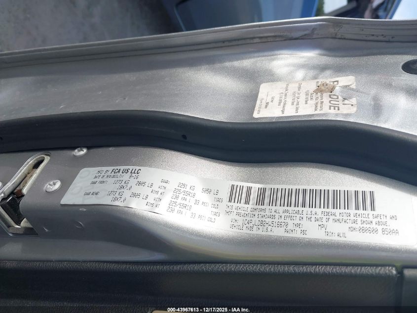 2017 Jeep Cherokee Limited Fwd VIN: 1C4PJLDB2HW516670 Lot: 43967613