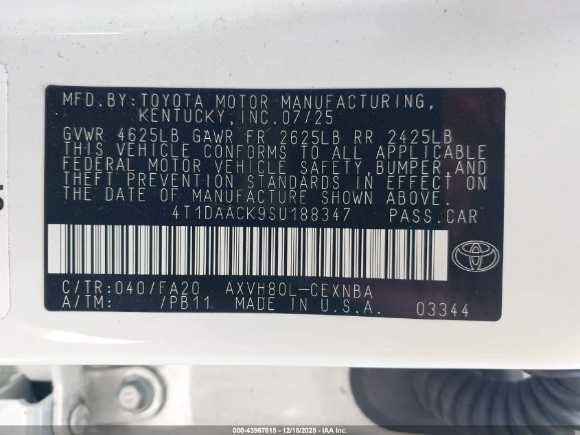 2025 Toyota Camry Le VIN: 4T1DAACK9SU188347 Lot: 43967615