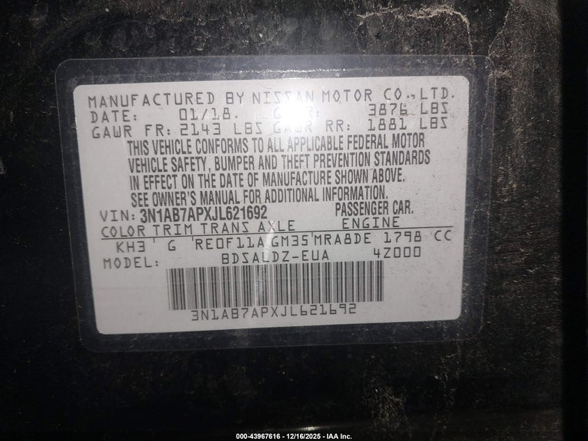 VIN 3N1AB7APXJL621692 2018 NISSAN SENTRA SV