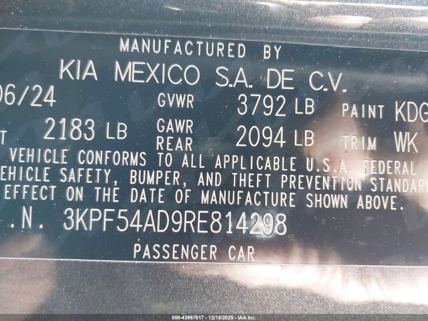 2024 Kia Forte Gt-Line VIN: 3KPF54AD9RE814298 Lot: 43967617