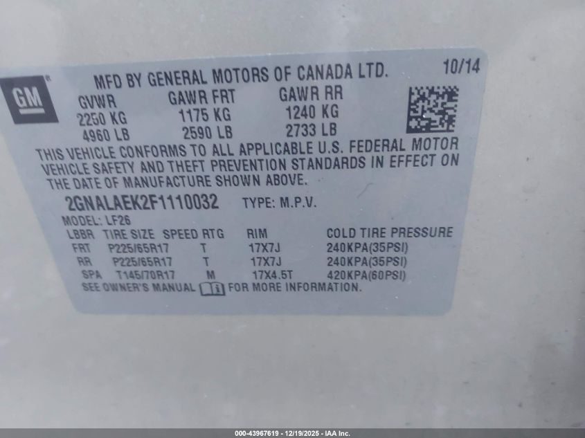 2015 Chevrolet Equinox Ls VIN: 2GNALAEK2F1110032 Lot: 43967619