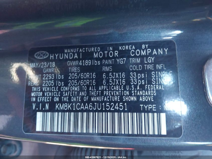 2018 Hyundai Kona Se VIN: KM8K1CAA6JU152451 Lot: 43967621