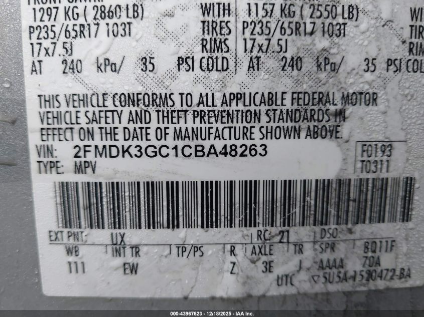 2012 Ford Edge Se VIN: 2FMDK3GC1CBA48263 Lot: 43967623