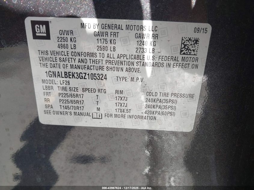 2016 Chevrolet Equinox Ls VIN: 1GNALBEK3GZ105324 Lot: 43967624