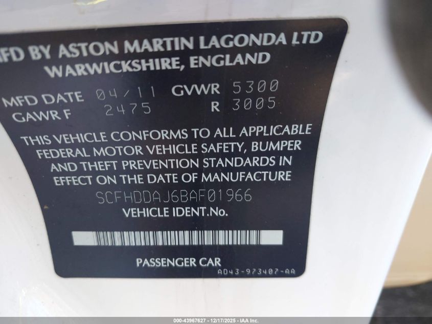2011 Aston Martin Rapide Luxe VIN: SCFHDDAJ6BAF01966 Lot: 43967627