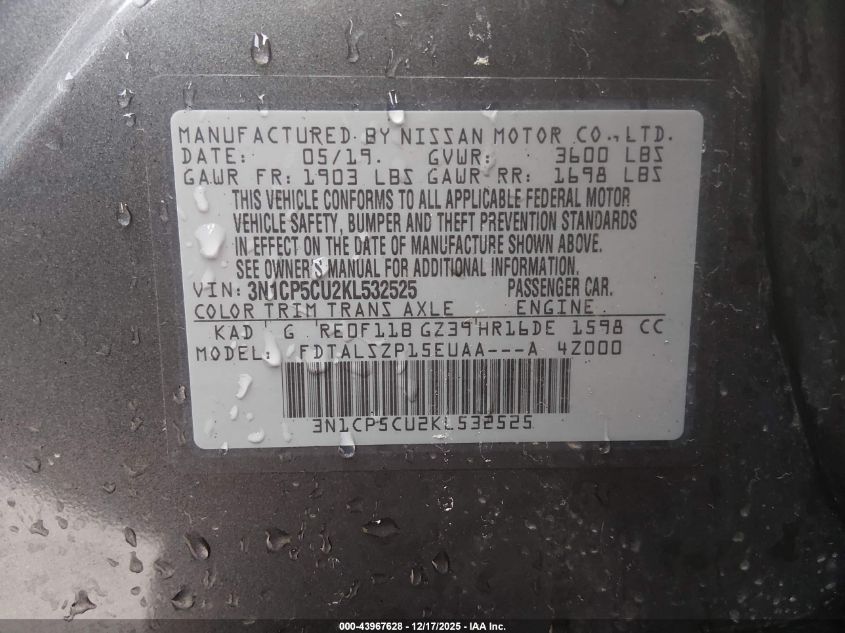 2019 Nissan Kicks Sv VIN: 3N1CP5CU2KL532525 Lot: 43967628
