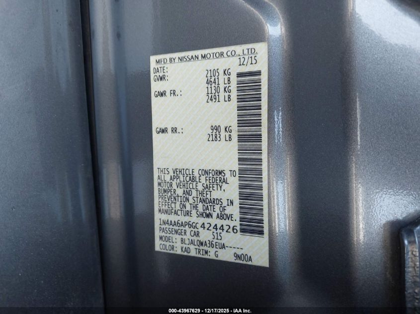 2016 Nissan Maxima 3.5 Platinum/3.5 S/3.5 Sl/3.5 Sr/3.5 Sv VIN: 1N4AA6AP6GC424426 Lot: 43967629