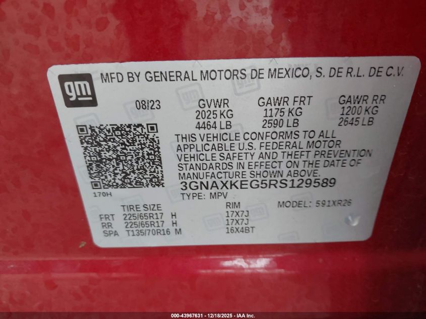 2024 Chevrolet Equinox Fwd Lt VIN: 3GNAXKEG5RS129589 Lot: 43967631