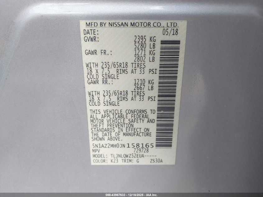 2018 Nissan Murano 2.5X VIN: 5N1AZ2MH0JN158165 Lot: 43967633