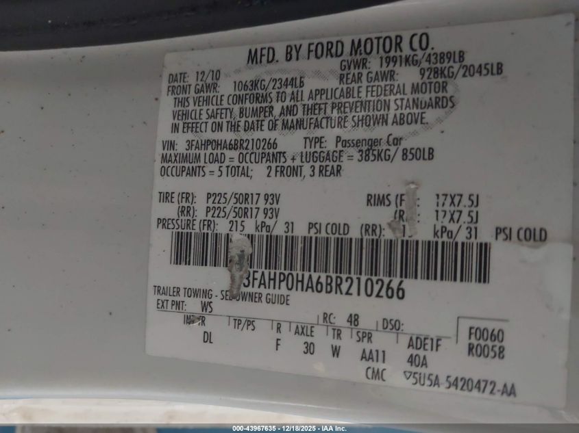 2011 Ford Fusion Se VIN: 3FAHP0HA6BR210266 Lot: 43967635