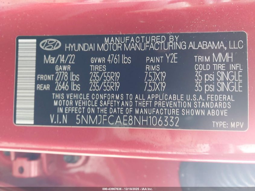 2022 Hyundai Tucson Sel VIN: 5NMJFCAE8NH106332 Lot: 43967636