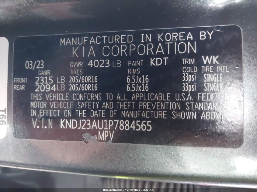 2023 Kia Soul Lx VIN: KNDJ23AU1P7884565 Lot: 43967638