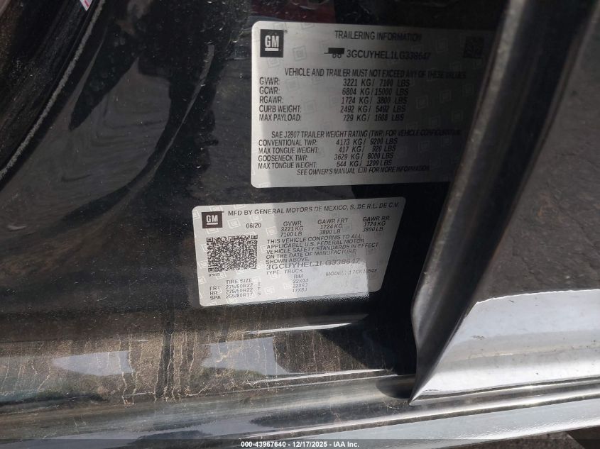 2020 Chevrolet Silverado 1500 4Wd Short Bed High Country VIN: 3GCUYHEL1LG338647 Lot: 43967640