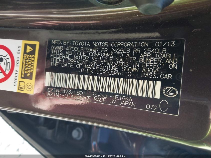 2013 Lexus Es 350 VIN: JTHBK1GG9D2046110 Lot: 43967642