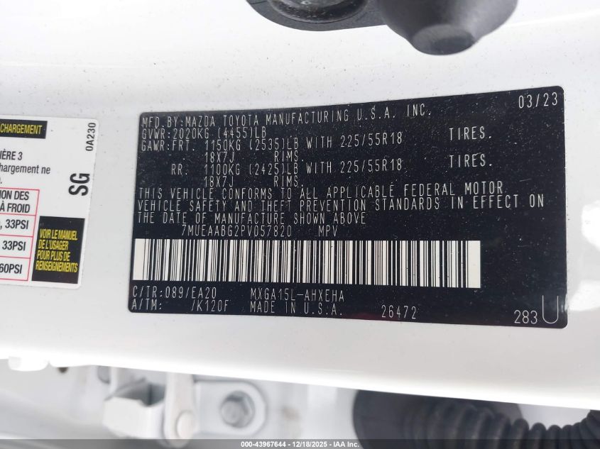 2023 Toyota Corolla Cross Xle VIN: 7MUEAABG2PV057820 Lot: 43967644