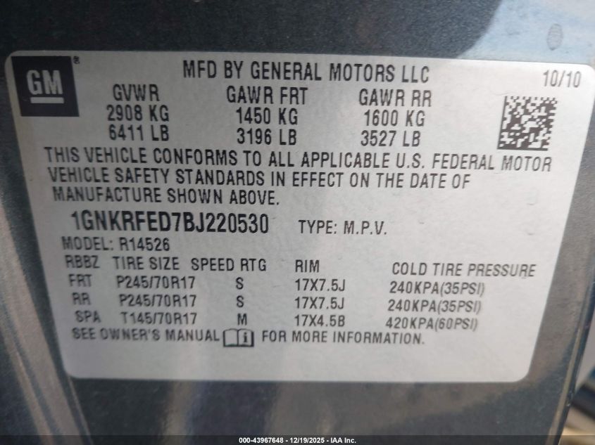 2011 Chevrolet Traverse Ls VIN: 1GNKRFED7BJ220530 Lot: 43967648