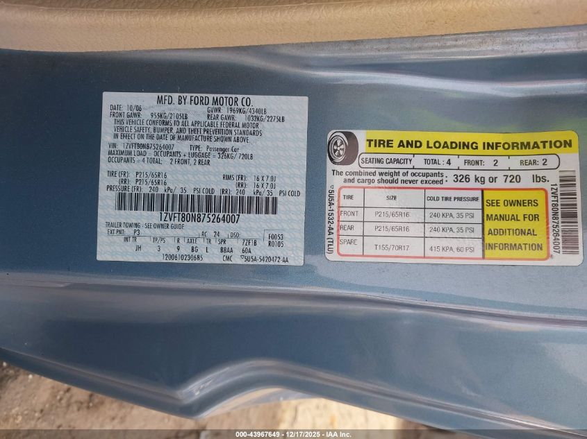 2007 Ford Mustang V6 Deluxe/V6 Premium VIN: 1ZVFT80N875264007 Lot: 43967649