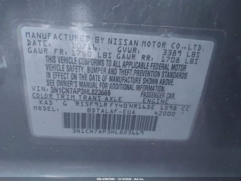 2017 Nissan Versa 1.6 S VIN: 3N1CN7AP3HL823669 Lot: 43967650