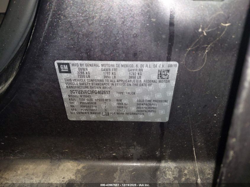 2015 GMC Sierra 1500 Slt VIN: 3GTU2VEC3FG462617 Lot: 43967651