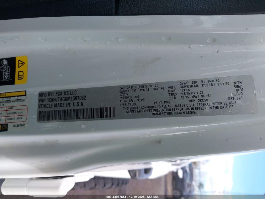 2021 Jeep Gladiator Sport S 4X4 VIN: 1C6HJTAG0ML597062 Lot: 43967654