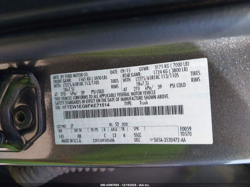 2015 Ford F-150 Lariat VIN: 1FTEW1EG9FKE71514 Lot: 43967655