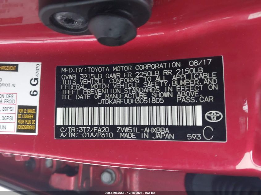 2017 Toyota Prius Two Eco VIN: JTDKARFU0H3051805 Lot: 43967656