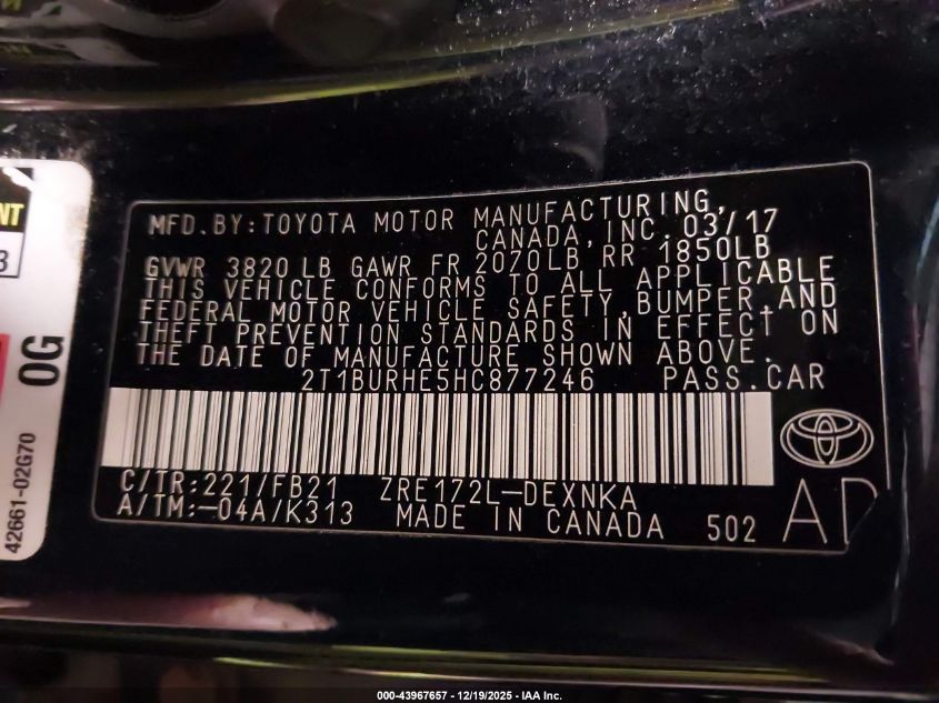 2017 Toyota Corolla Le VIN: 2T1BURHE5HC877246 Lot: 43967657