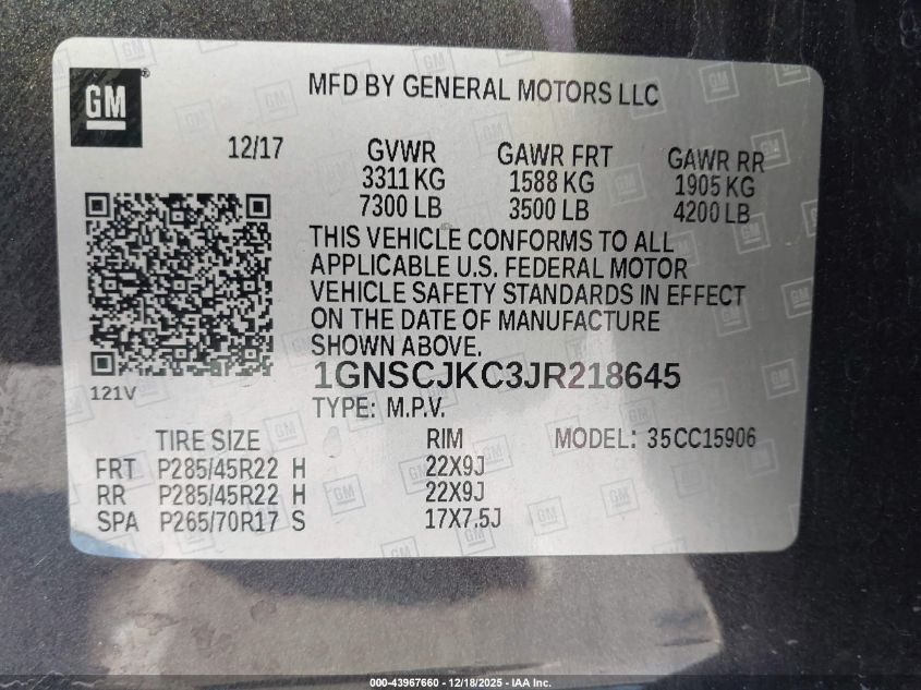 2018 Chevrolet Suburban Premier VIN: 1GNSCJKC3JR218645 Lot: 43967660