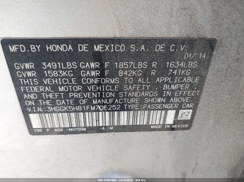 2015 Honda Fit Ex/Ex-L VIN: 3HGGK5H81FM705252 Lot: 43967662